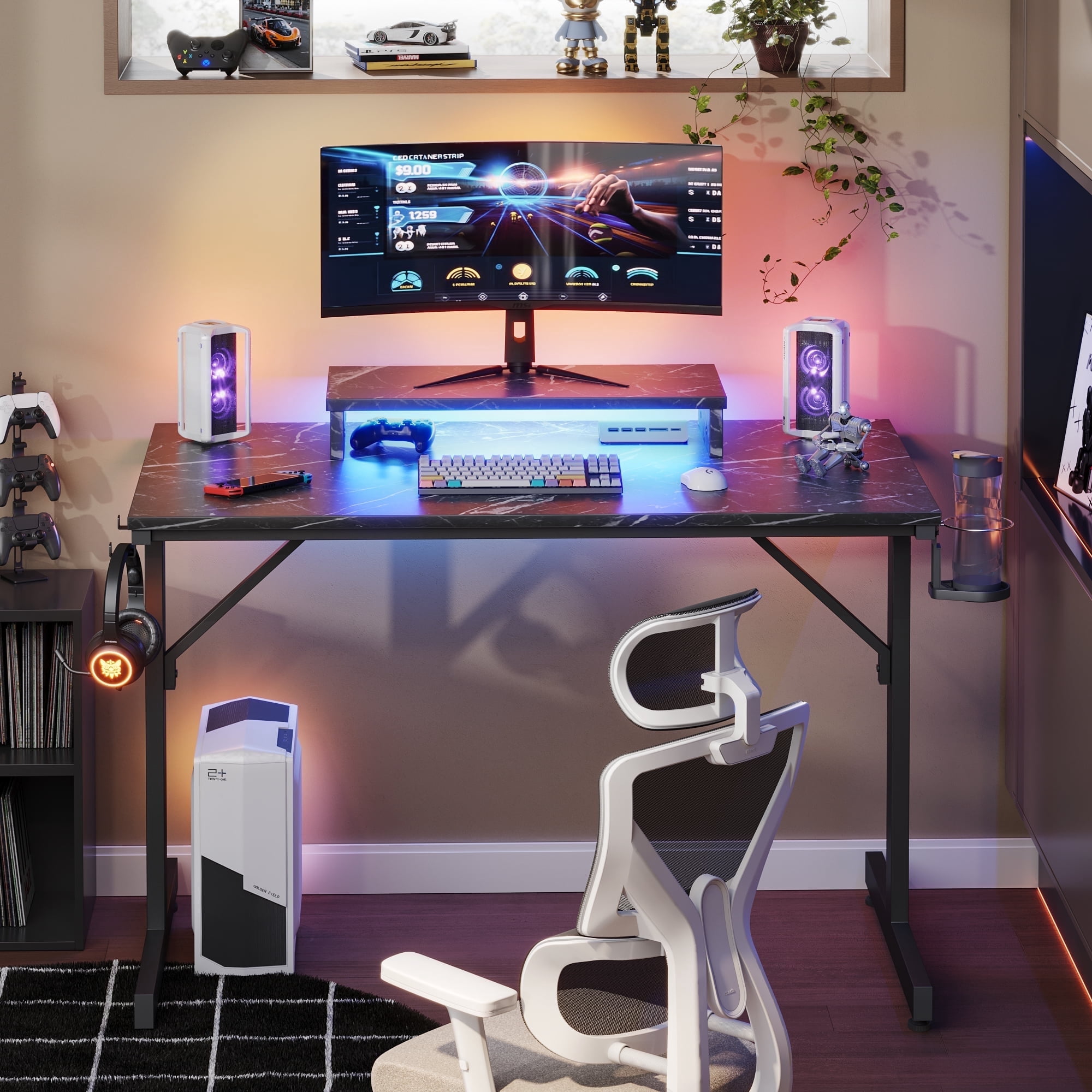 Bestier 42" LED Gaming Desk PC Computer Office Gamer Table Desk with Monitor Stand in Black Marble