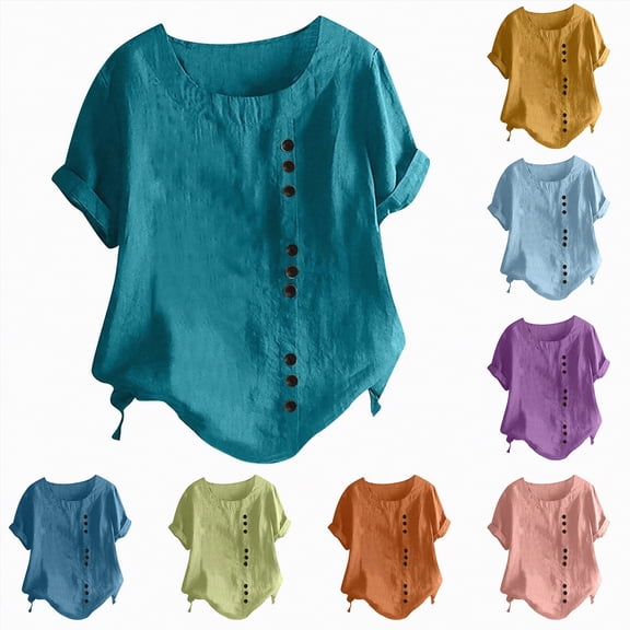 larppty Oversized Crew Neck Linen Tops for Women Short Sleeve Cotton Blend Tee Shirts (Sky Blue, L)