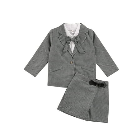 

Sunisery Fashion Kids Baby Girls 3pcs Autumn Clothes Plaids Blazer Jacket Tops+Bow Tie Shirts+A-Line Shorts Skirts Sets Gray 3-4 Years