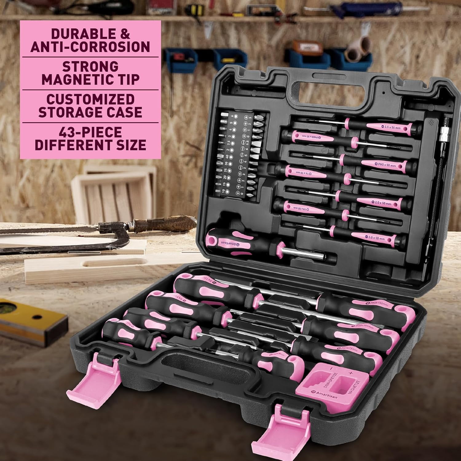 Magnetic Screwdrivers Set with Case 43-piece Includs Slotted Phillips Hex Pozidriv Torx and Precision Screwdriver Set Magnetizer Demagnetizer Tools Tools for Men (Pink))