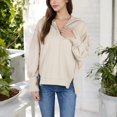 thumbnail image 4 of Women's Long Sleeve Pullover Hoodie with Button Neck and Raw Hem Detail - X Large, Beige, 4 of 7