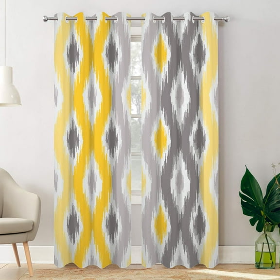 Yellow and Gray Retro Ikat Pattern Blackout Curtains for Bedroom, Geometric Grommet Top Drapes Thermal Insulated Window Curtains 42"W x 96"L (Pack of 2)
