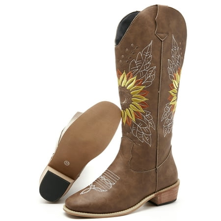 

Lacyhop Women s Wide Calf Western Cowgirl Cowboy Pointed Toe Mid Calf Boots