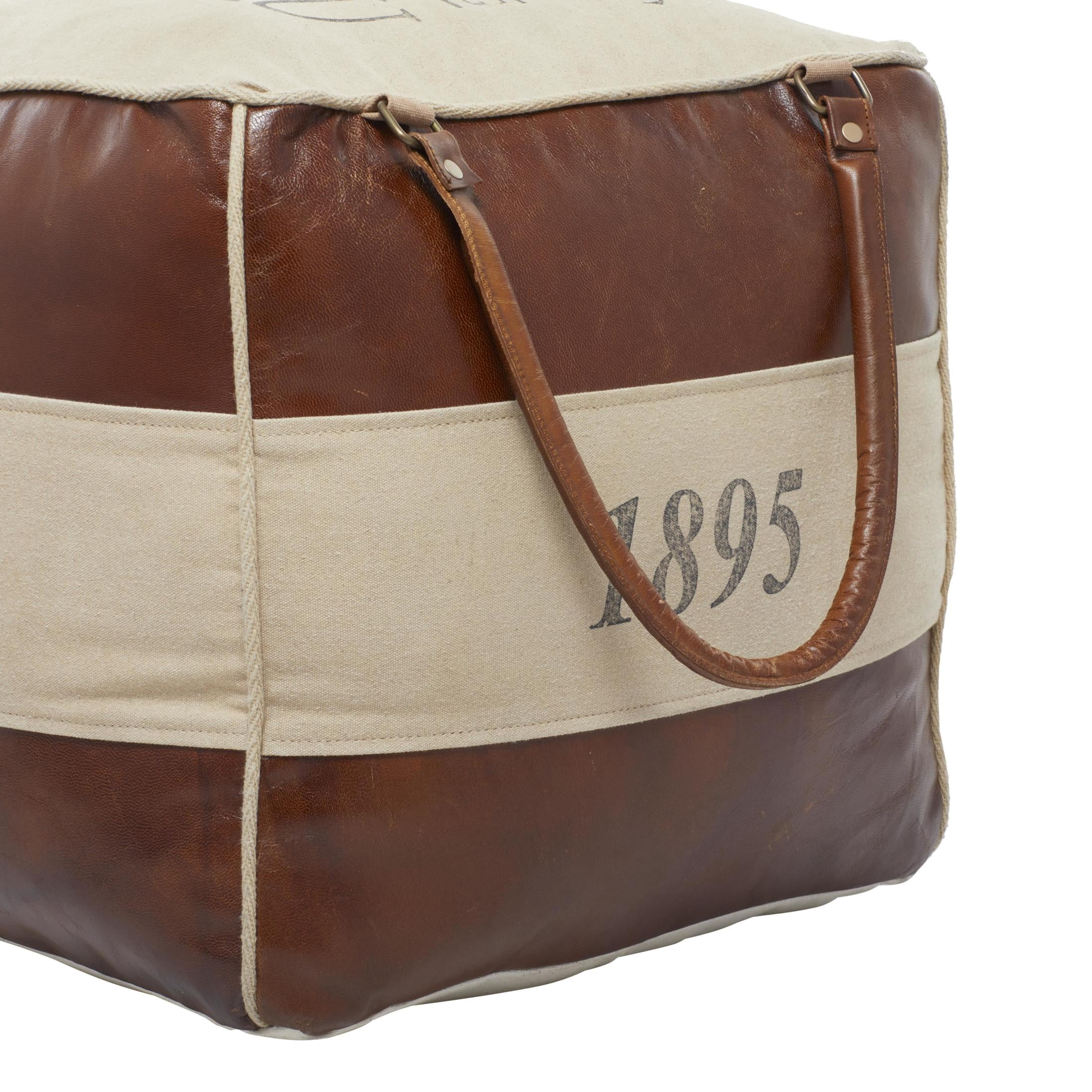 DecMode Stripes Brown Canvas Text Pouf with Leather Accents