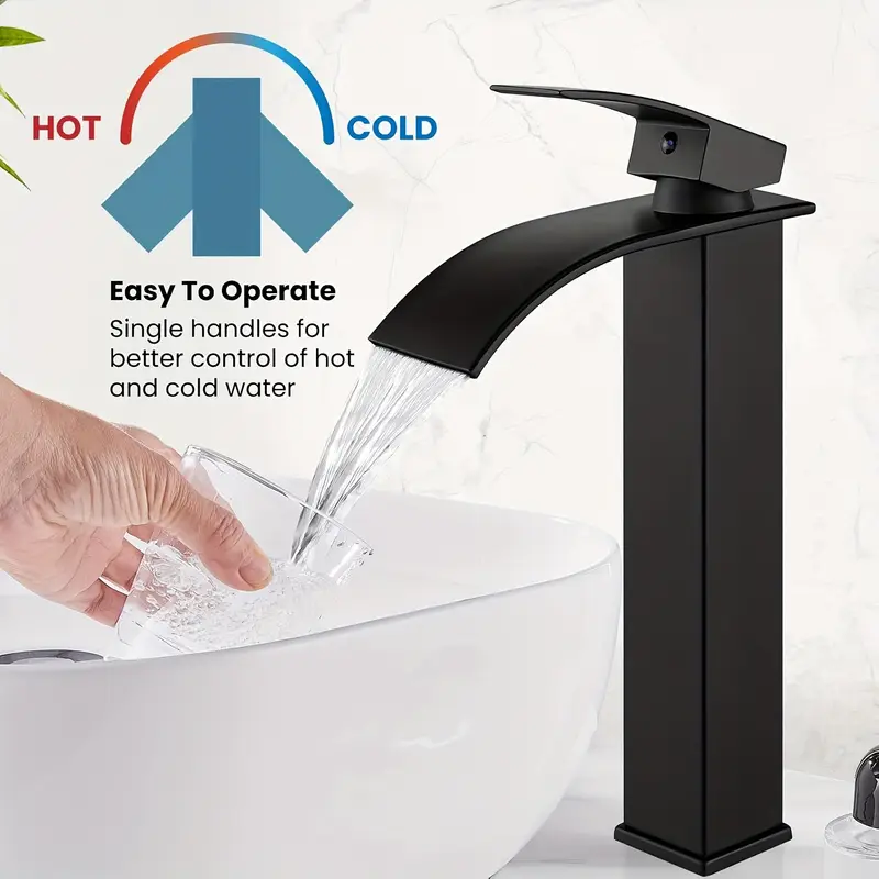 Bathroom Vessel Sink Faucet Basin Waterfall Vanity Tap with Drain Black