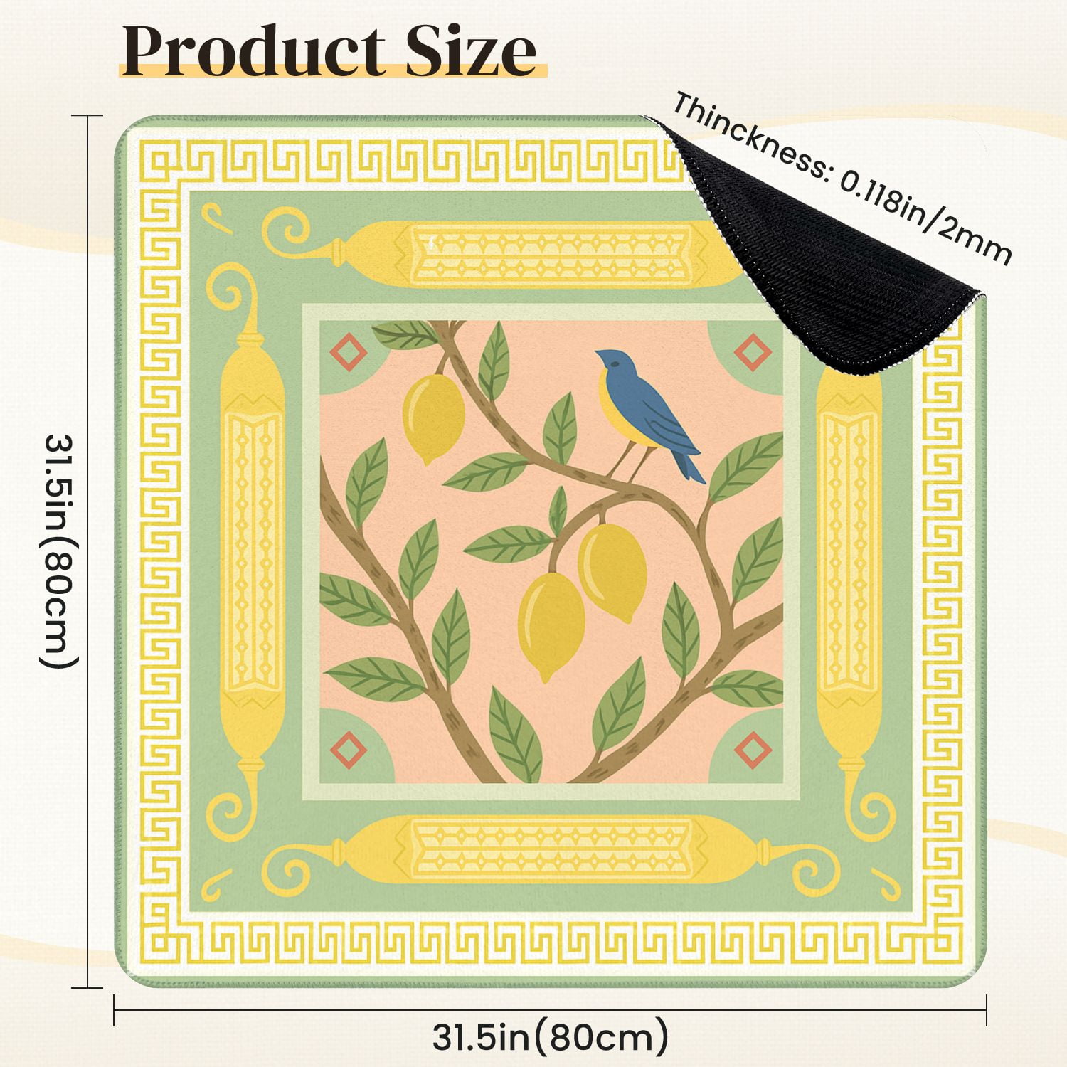 Mahjong Mat 31.5" x 31.5" Blue Bird Lemon Tree Anti-Slip and Noise Reduction Symmetry Design Mahjong Tiles Table Cover for Dominoes Poker Card Board and Tile Games