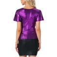 thumbnail image 3 of INSPIRAR CHIC Blusa de Mujer con Cuello en V, Mangas Cortas con Volantes, Brillante y Metálica, para Fiesta, Color Púrpura, 3 of 6