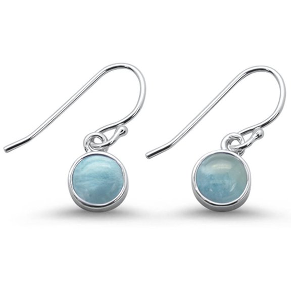 Round Bezel Set Natural Larimar Fishhook Earrings Sterling Silver
