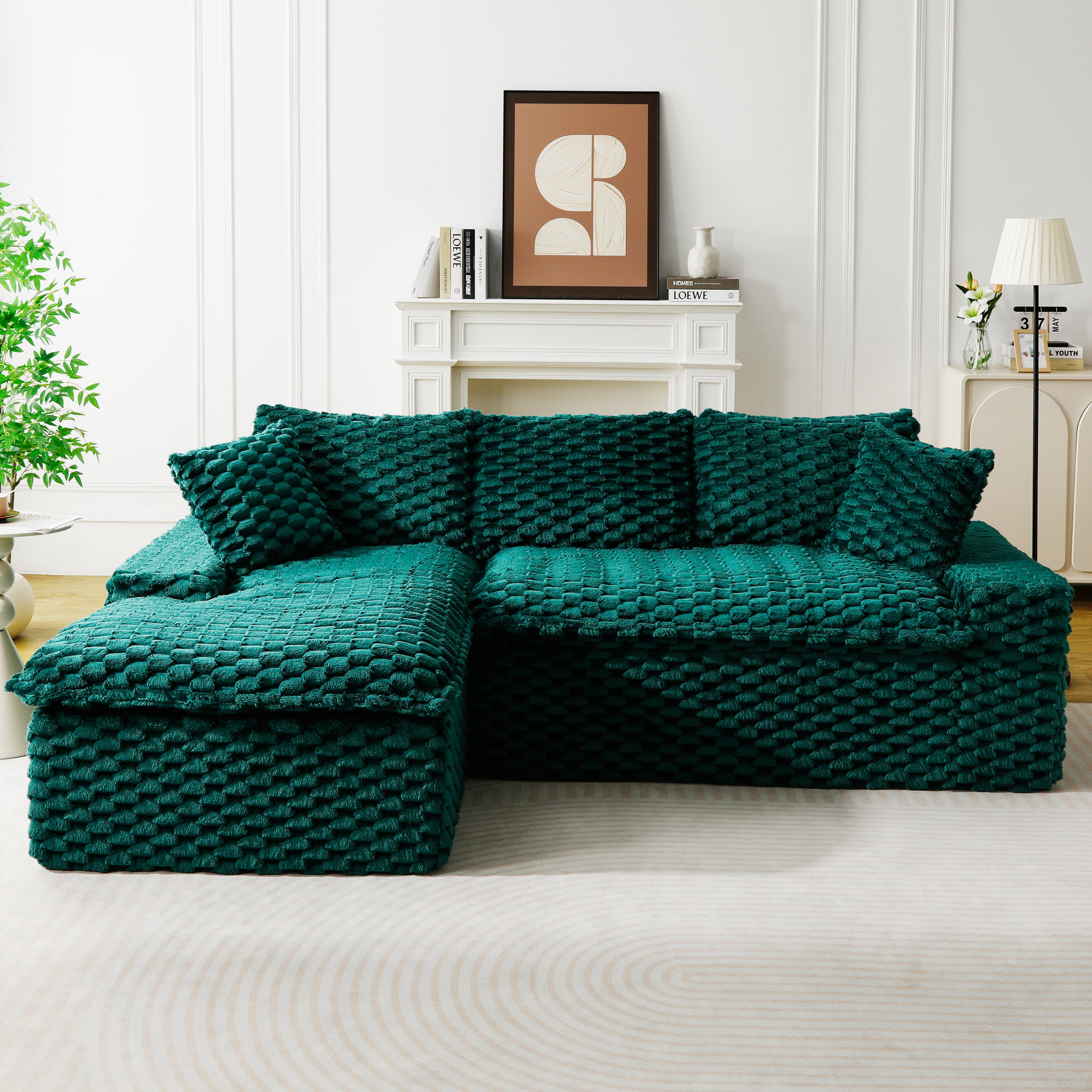 HOQBN 96"W Modular Sectional Sofa,L Shape Modern Corduroy Cloud Couch,Upholstered Deep Seat Boneless Sofa Couch with Left Chaise Lounge for Living Rooms,No Assembly Required,Green