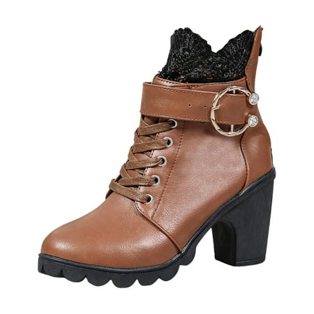 

Jungdeepe Ladies Autumn And Winter Casual Rhinestone Buckle Lace Splicing Heel Zipper High Heeled Ankle Boots Short Boots