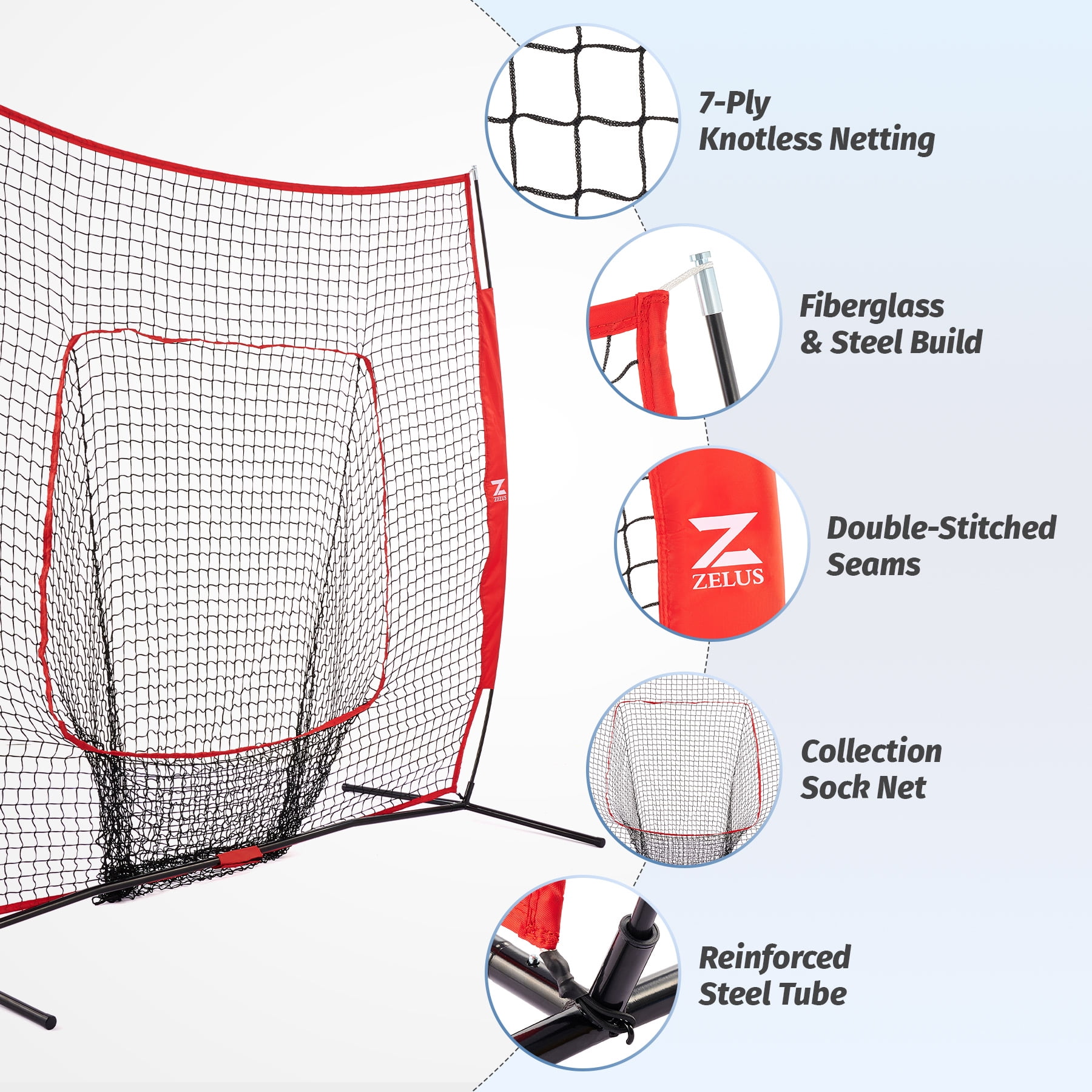 Zelus Baseball Net Softball Practice Kit 7x7ft Pitching Net with Training Balls & Bag
