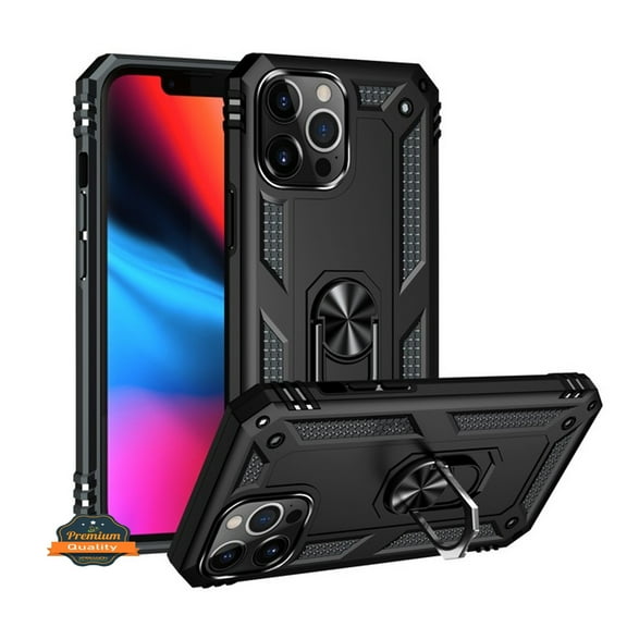 For Apple iPhone 16 (6.1") Shockproof Hybrid Dual Layer PC   TPU with Ring Stand Metal Kickstand Heavy Duty Armor Phone Case Cover by Xpression - Black