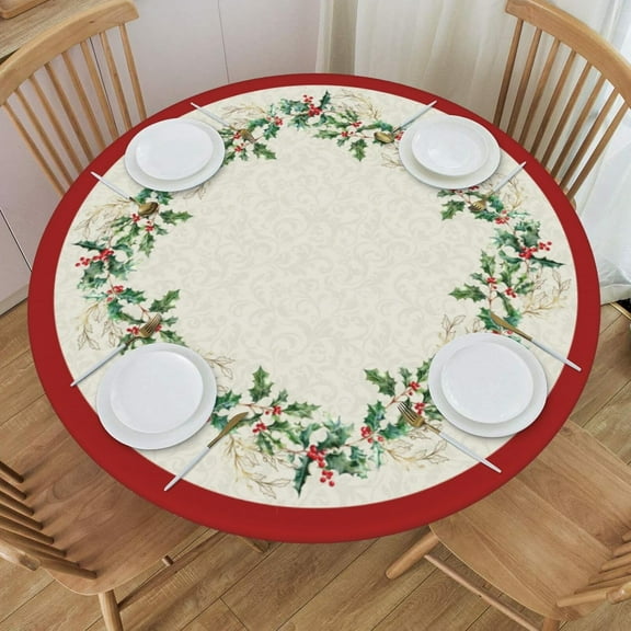muroi Red Christmas Round Tablecloth Winter Green Gold Leaf Table Cover with Elastic Edge Washable Fitted Table Cloth for Kitchen Patry Outdoor Decor Fits 40"-44", Small