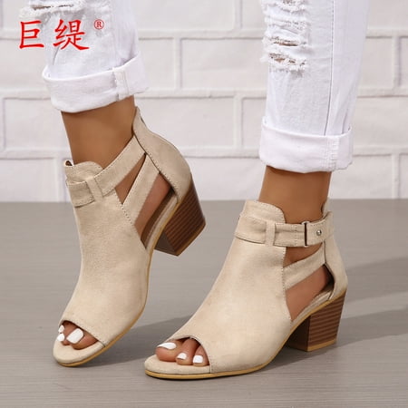 

Women Peep Open Toe Boot Cut Out Buckle Ankle Bootie Stacked Block Chunky Low Heel Sandal Causal Party Dress Shoe