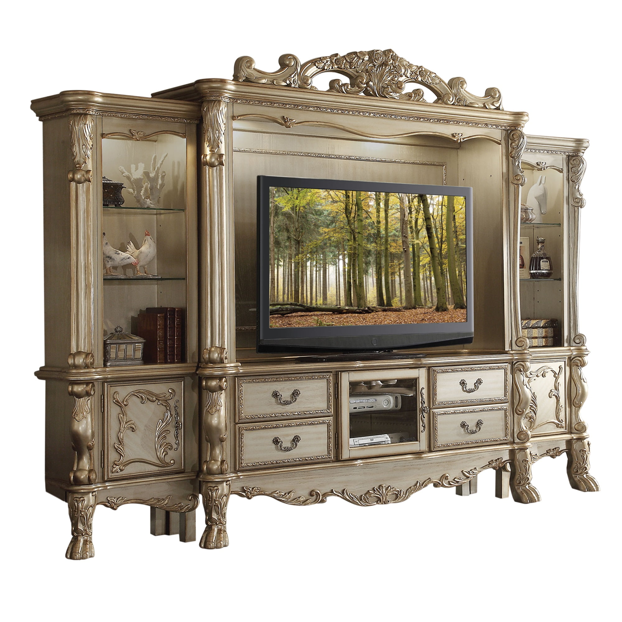 Baroque Style Wooden Entertainment Center with Glass Shelves, Gold