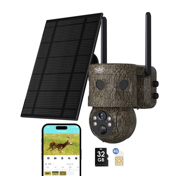 4G LTE Cellular Trail Camera,2K /360° Live Stream Camera & 24/7 Recording,with 180° PIR Intrusion Detection and 7.5W Solar Panel by App Control Inculdes 32G SD&SIM Card