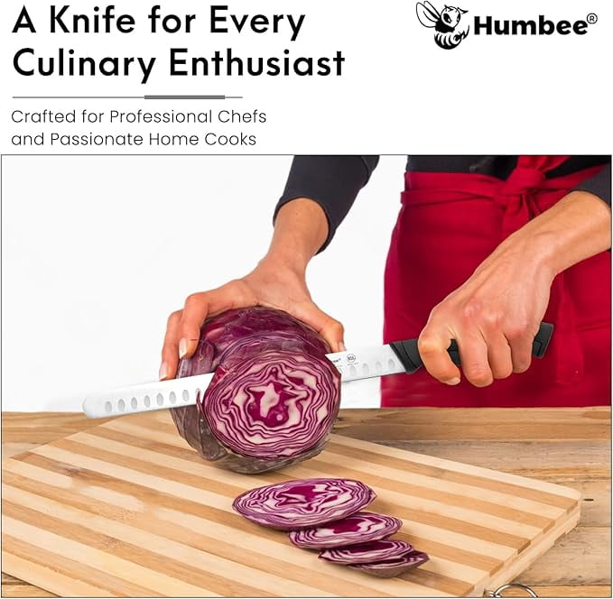 Humbee Chef Carving Knife 12-Inch with Granton Edge for Turkey Ham Meat Slicing and cutting NSF Certified DT-21 Series, Black