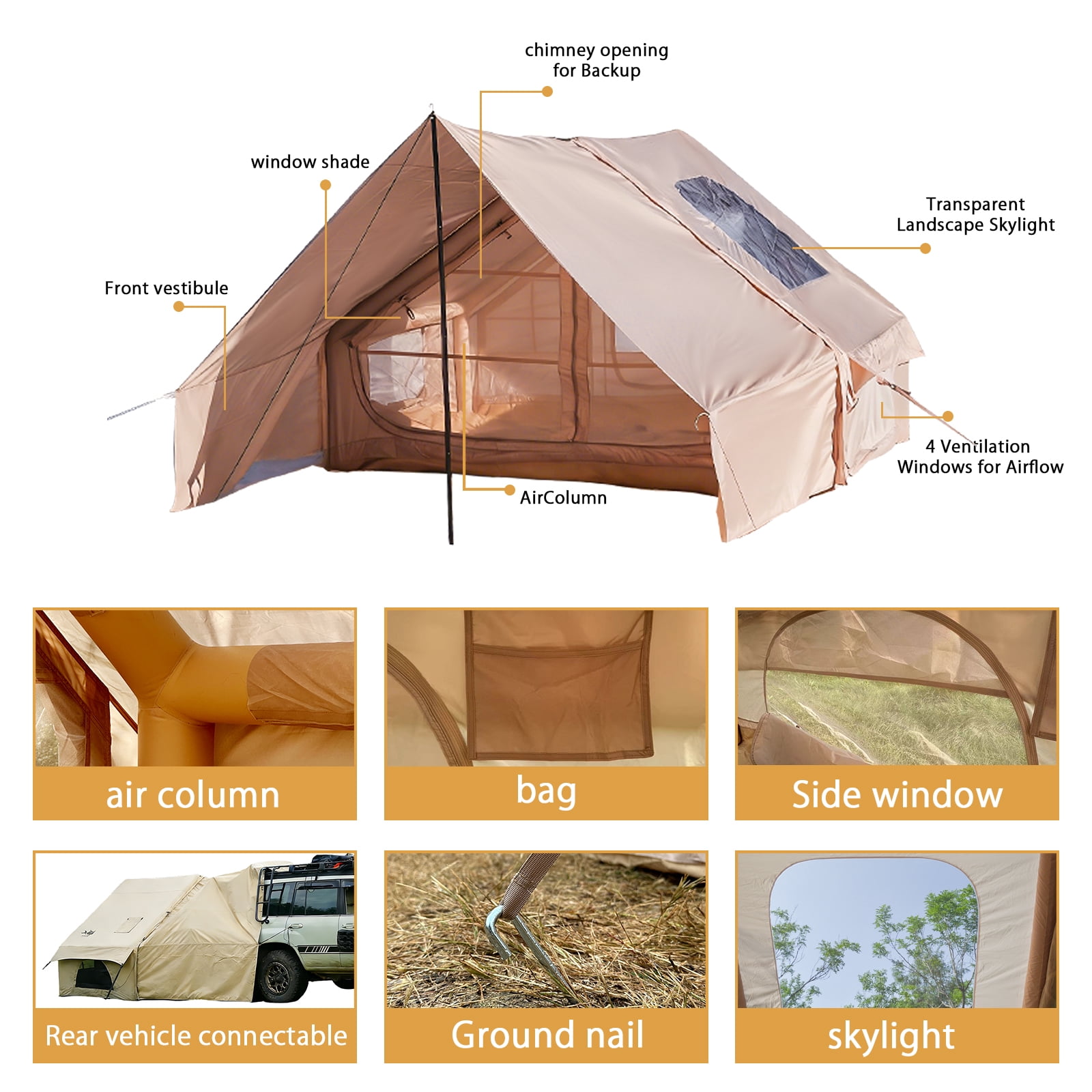 PAKICETUS Khaki Inflatable Camping Tent 6.3 m² Main Space with
