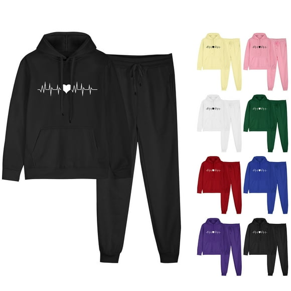 JURANMO Womens Sport Outfits 2 Piece Fall Sets Fashion Print Hooded Sweatshirts with Kangaroo Pocket Drawstring Elastic Waist Sweatpants Two Piece Sweatsuit Deals of the Day Blue XXXL