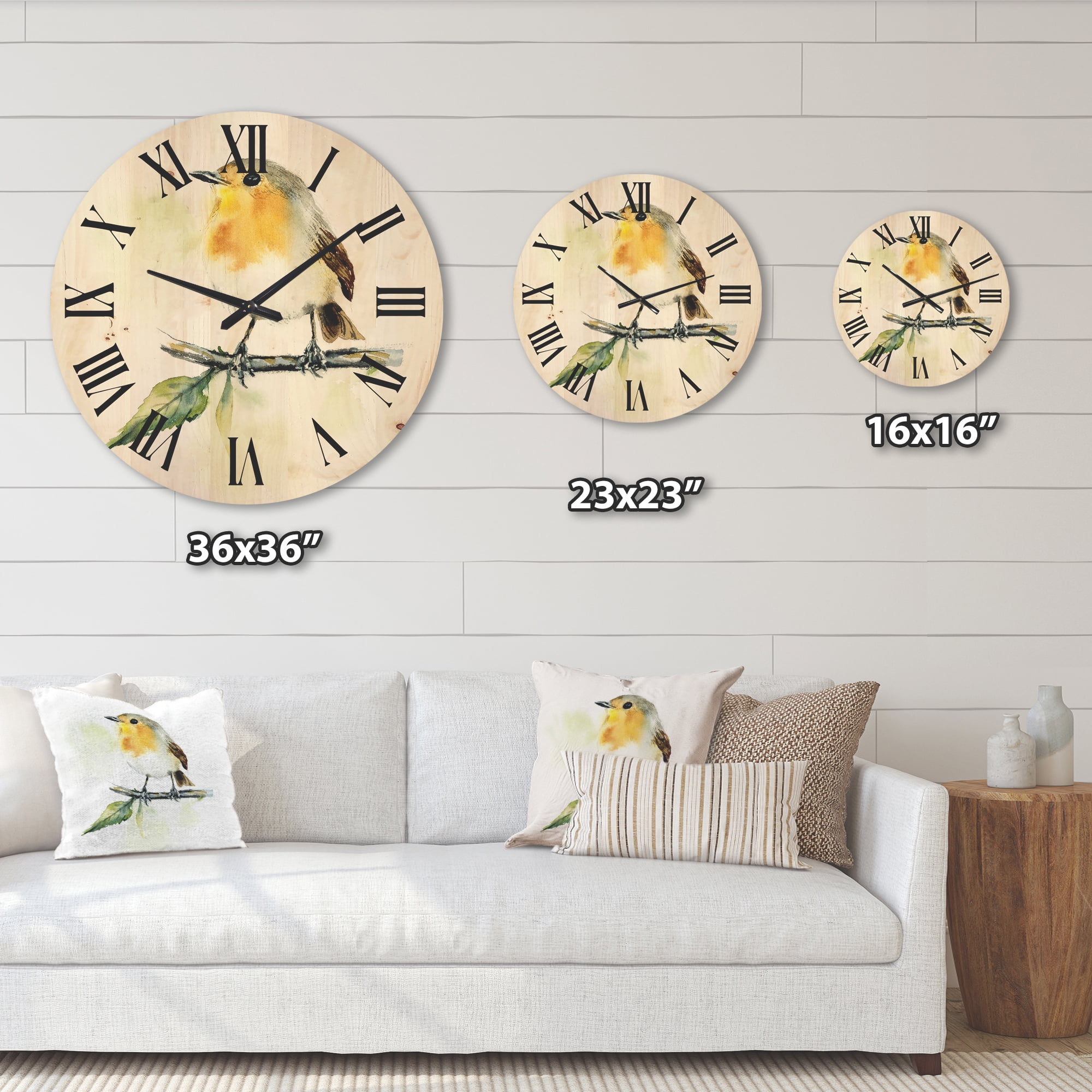 Designart 'Little Robin Bird Sitting On A Branch' Traditional Wood Wall Clock