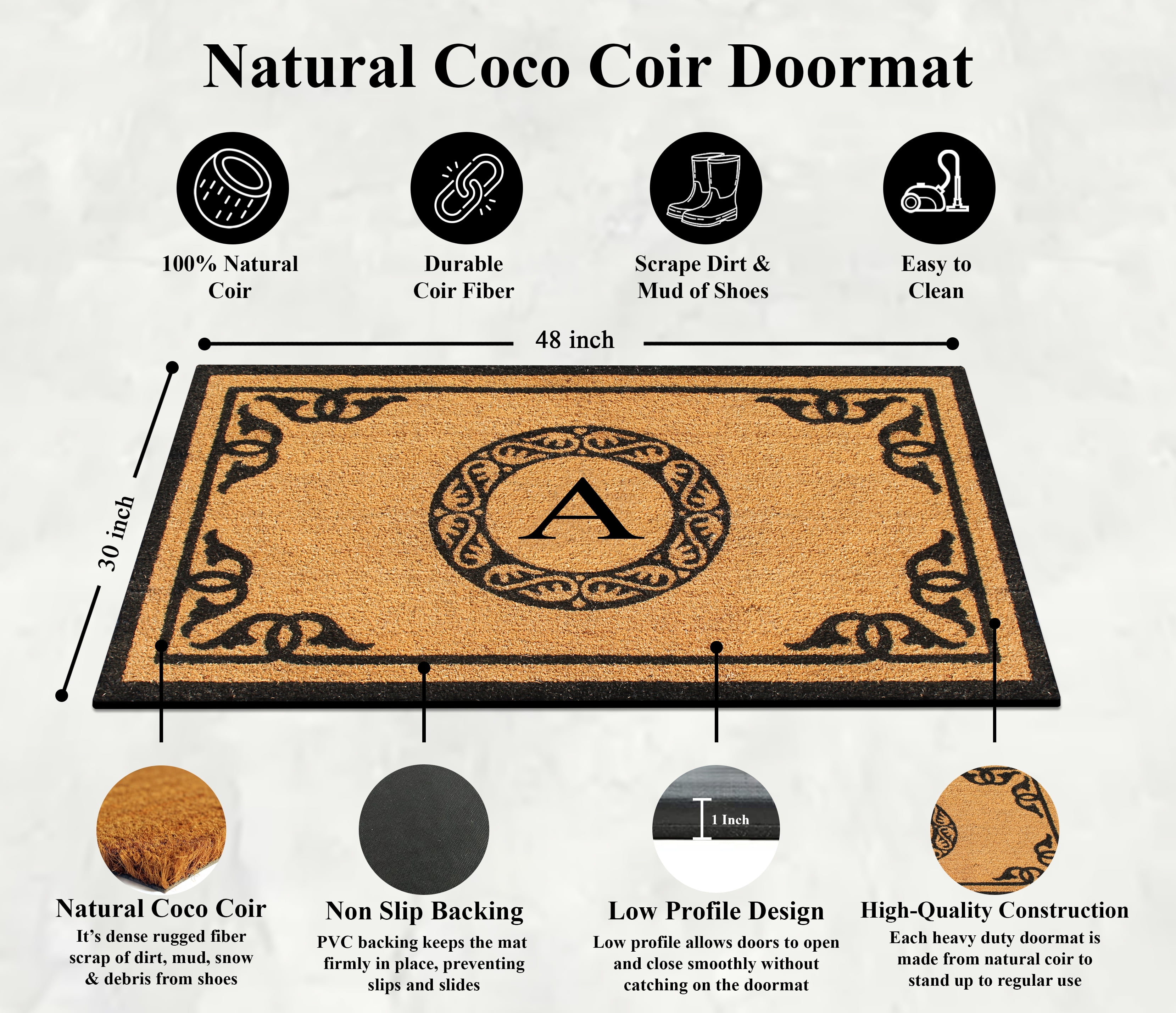 A1HC First Impression Hand Crafted by Artisans Geneva Monogrammed Entry Doormat For Outdoor Entrance Front Door Mat, 30"X48"