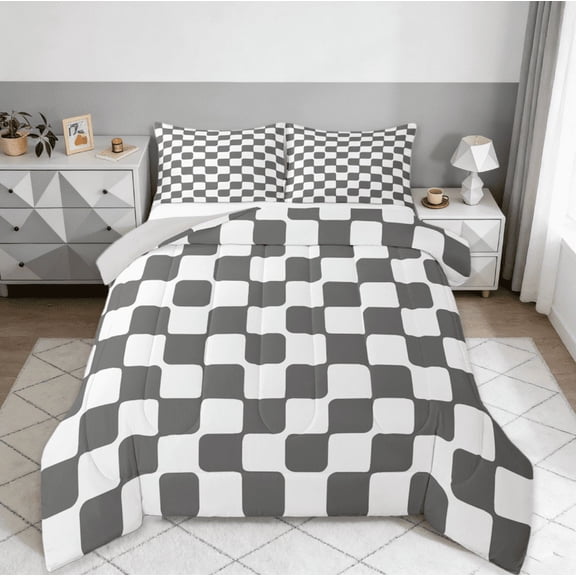 Manfei Geometric Geometric Checkered Comforter Sets Twin Size,Abstract Geometrical Art Comforters & Duvets,Gray White Bedding Twin Comforter Set,Ultra Soft Room Decoration Reversible,2-Piece