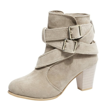 

Oyedens Womens High Heels Dress Boots Suede Pointy Toe Buckle Ankle Booties Slouchy Mid Calf Short Boots