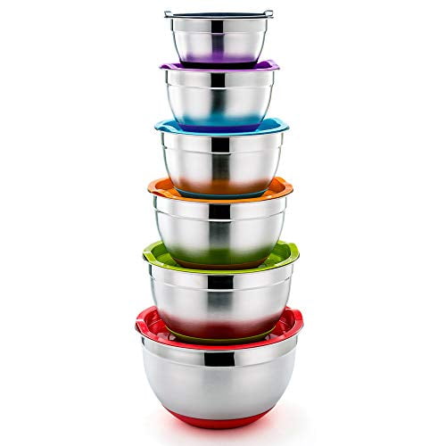 Set of 6 1/1.5/2.5/3/4/5qt P&P CHEF Mixing Bowls With Lids 6 Multi Size Stainless Steel Nesting Mixing Bowls & Tight Fitting Lids & Non-Slip Silicone Bottom 12 Piece 