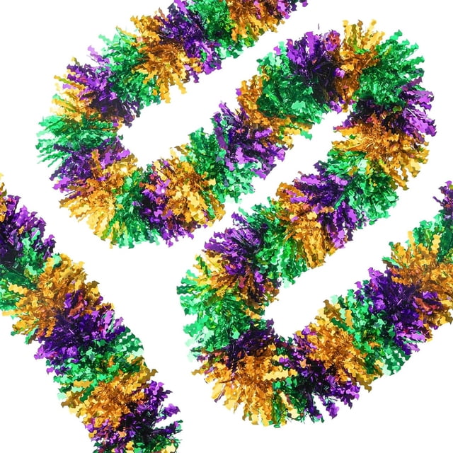 Mardi Gras Garland 78 in Long Curly Rattan Decoration with 5-Layer Gold Green Purple Sparkly Ribbon for Party Home Decor Christmas Tree Wedding