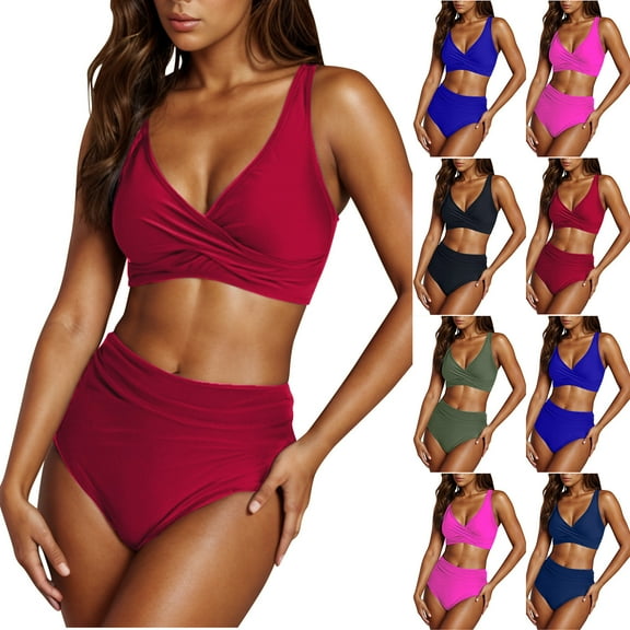 UTSJKR Women's High Waisted Bikini Sets Sexy Wrap Ruched Swimsuits Cheeky Tummy Control 2 Piece Bathing Suits Blue XL