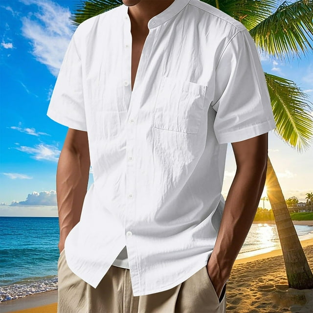 Tops para hombre, blusas y camisas de manga corta con cuello redondo para hombre, camisa informal de lino de verano de color liso, manga corta, cuello alto con botones y bolsillos, chaleco de poliéste