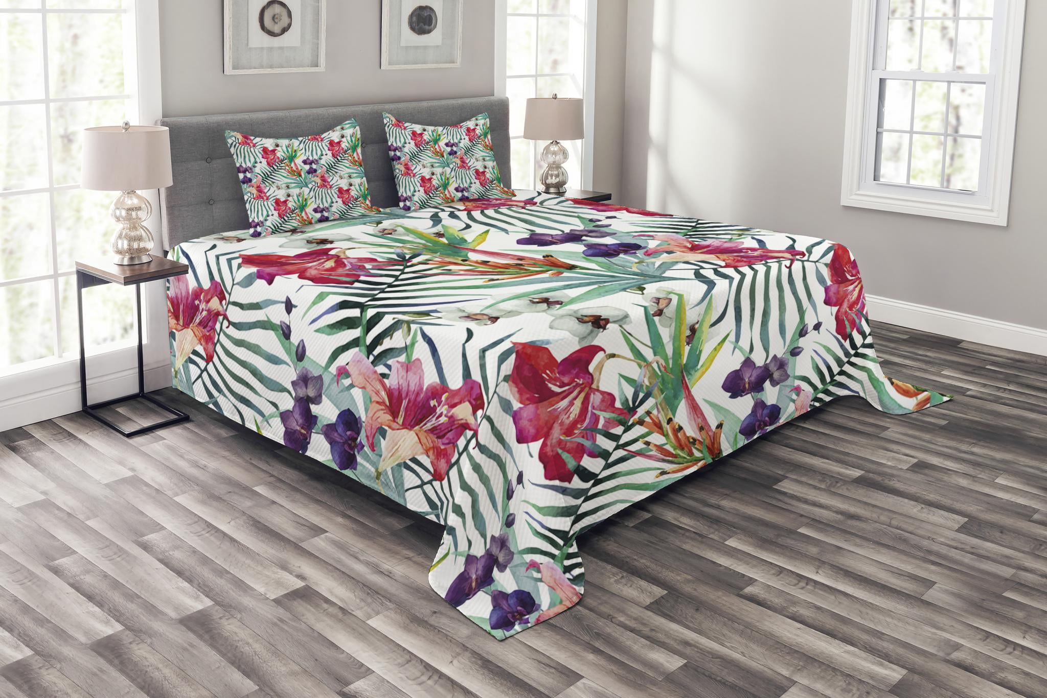 Floral Bedspread Set Queen Size, Watercolored Tropical Exotic Foliage