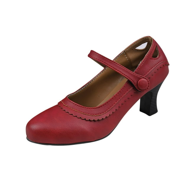 LOVZFMLL Chaussures pour Femmes Talons Blocs Épais Chaussures Mary Jane Vintage Bout Rond Bride à la Cheville Bureau Mariage Chaussures de Robe Rouge 9