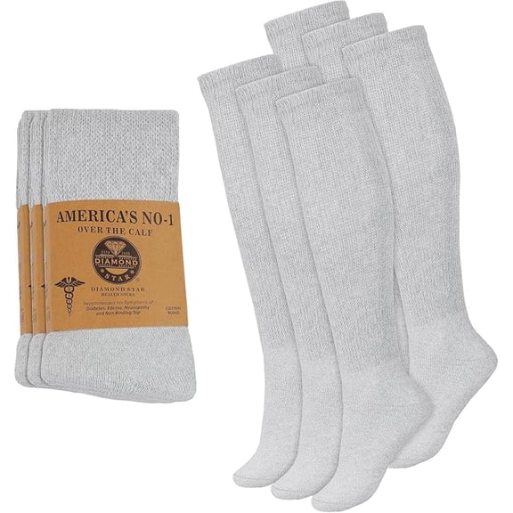 Diamond Star Diabetic Over the Calf, Non-binding Premium Cushion Cotton Knee High Comfortable Socks for Men (Grey - 6 Pairs, Socks Size 13-16)