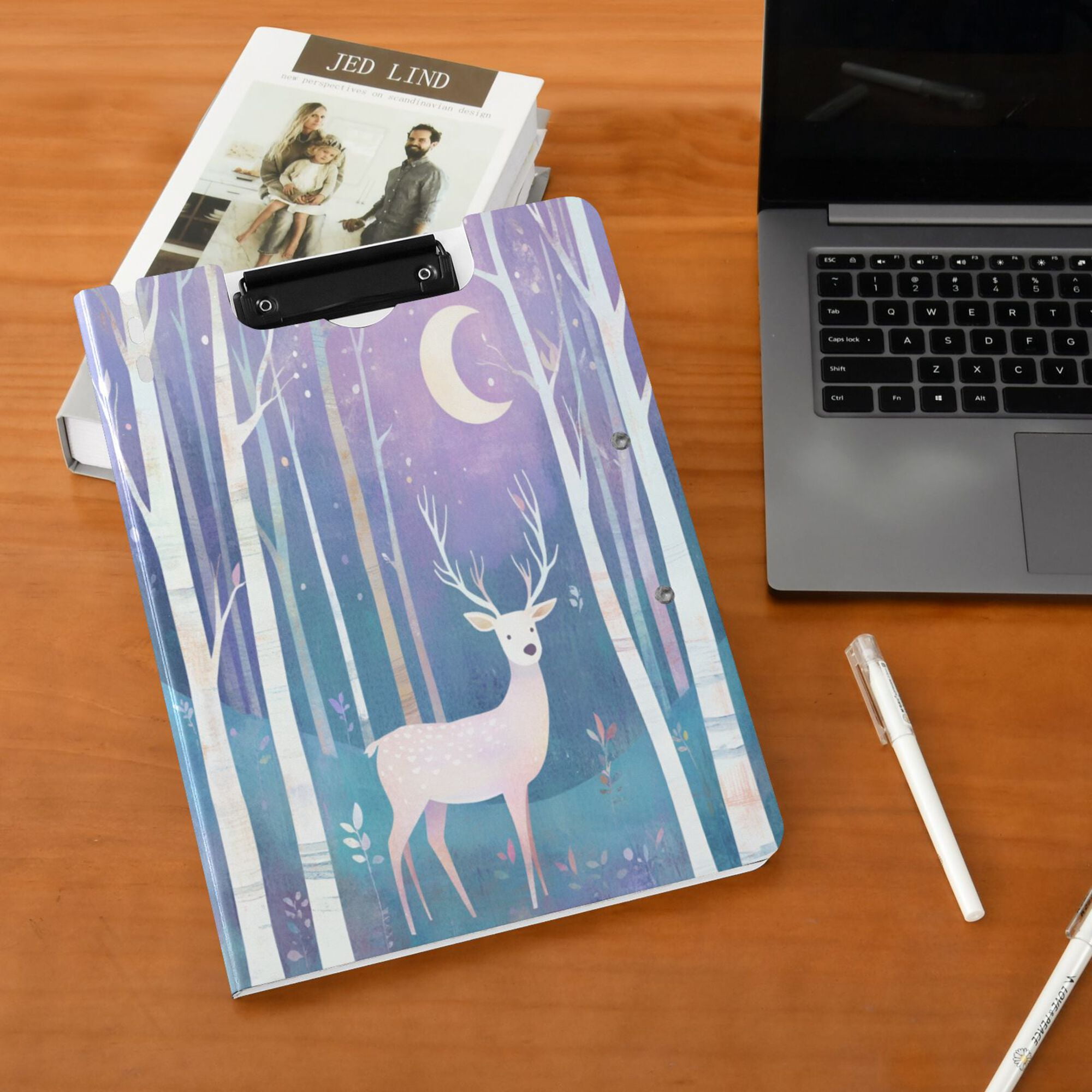 FORMRS A4 Clipboard Folder with Pen Holder Horizontal Foldable School Office Binder, Purple Night Deer