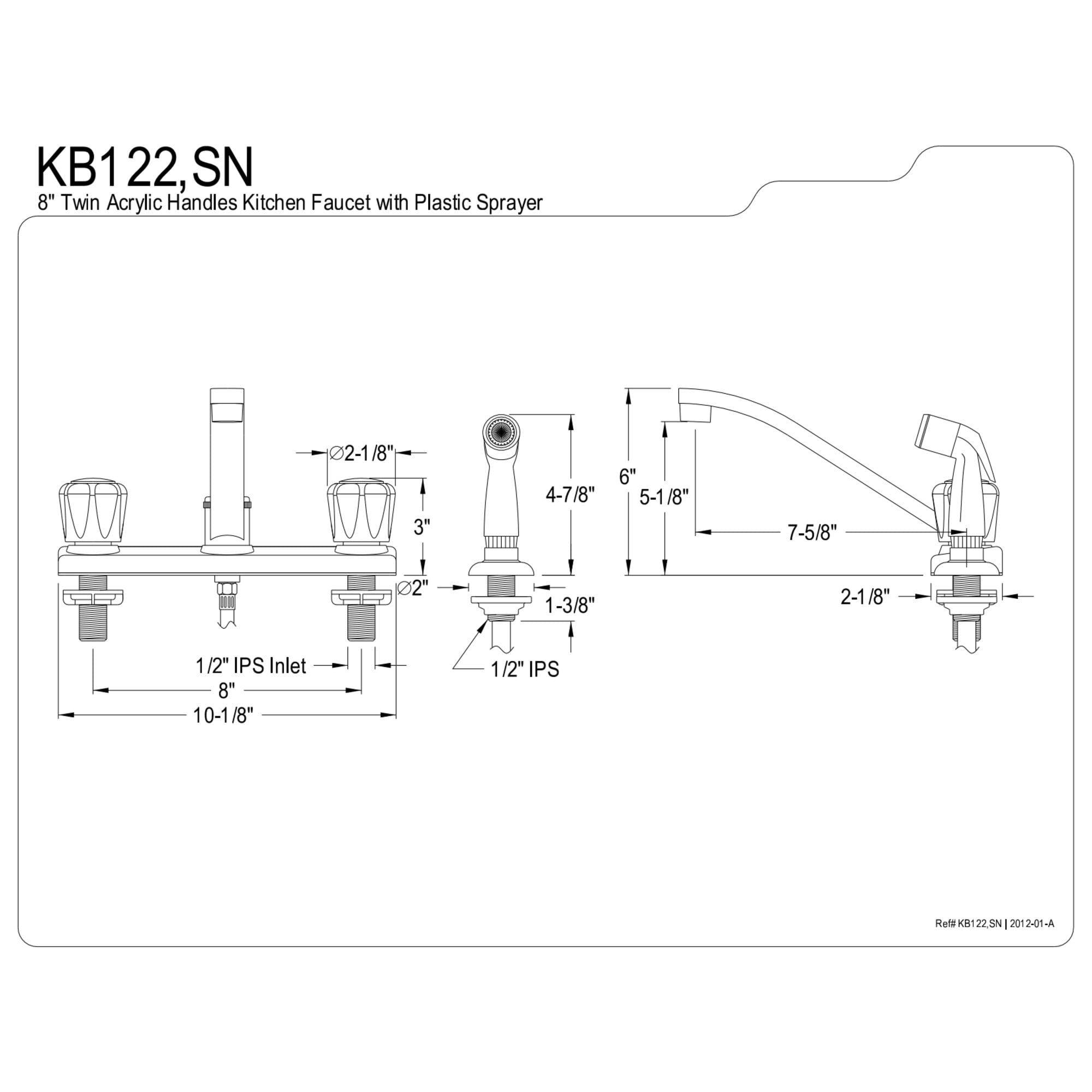 Kingston KB122 Americana Two-Handle 4-Hole 8" Centerset Kitchen Faucet with Side Sprayer in Polished Chrome