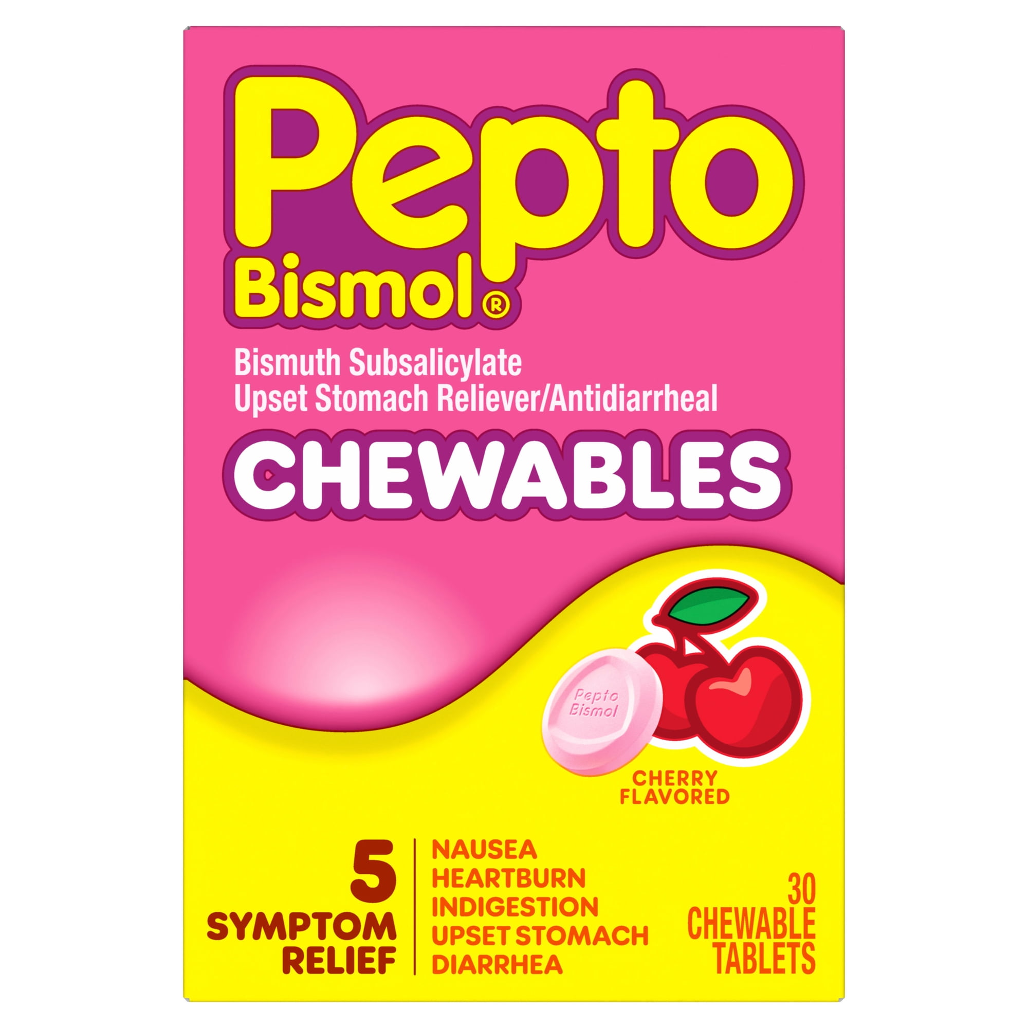 Pepto Bismol Chewable Tablets, Indigestion and Anti-Diarrhea Stomach Relief, Cherry, 30 Count