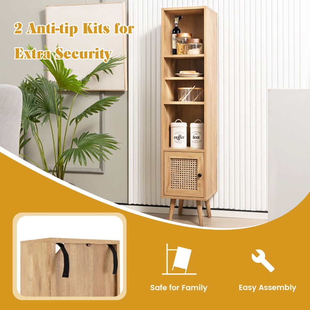 Finihen Storage Cabinet, Sideboard Storage Cabinet, 4 Tiers Rattan Storage Cabinet with Slim Design, for Living Room, Bedroom, Entryway, Natural