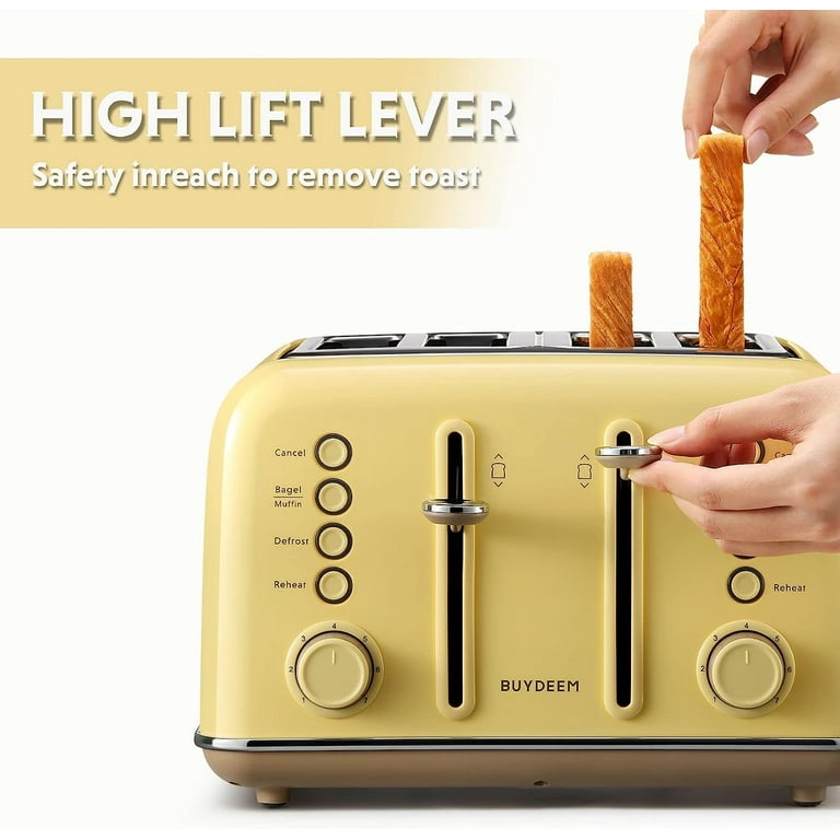Buydeem 4-Slice Mellow Yellow Extra-Wide Slot Toaster with Removal Crumb Tray and 7-Shade Settings
