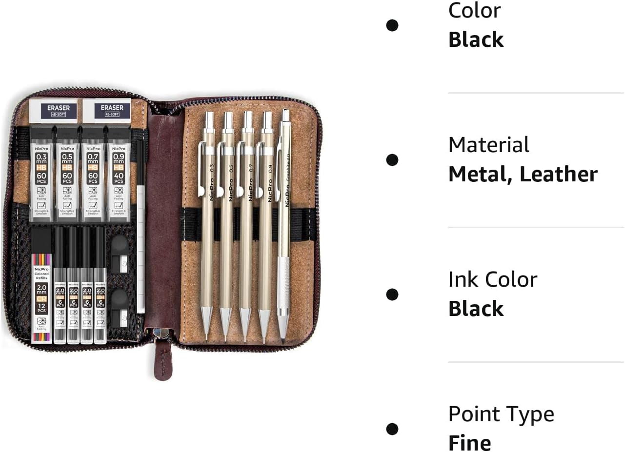 Nicpro 5Pcs Metal Mechanical Pencil Set in Leather Case, 0.3 & 0.5 & 0.7 & 0.9 mm & 2mm Lead Pencil Holders, (4B 2B HB 2H) Lead Refills (Black & Colors), Erasers