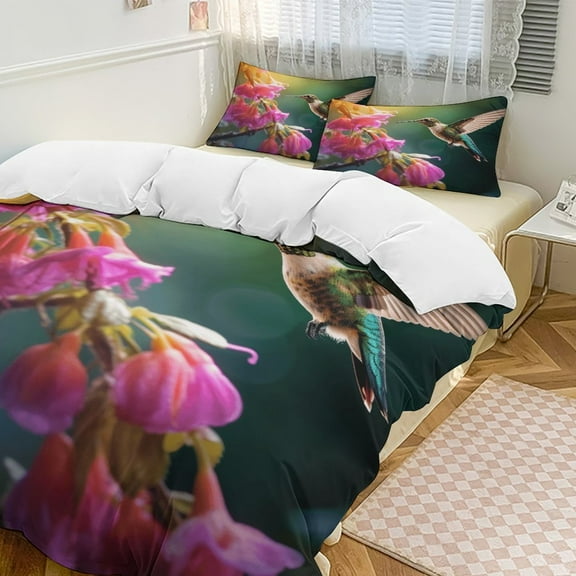 Flower Hummingbird Duvet Cover Set King Size for Bedroom Decoration Print Bedding Set Comforter Cover Decorative Microfiber with 2 Pillow Sham Multicolor