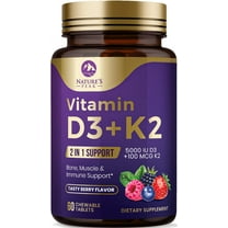 Vitamin D3 K2 - 5000 iu Vitamin D3 & 100 mcg Vitamin K2 (MK-7) Complex for Immune Support - Bone, Teeth & Muscle Health Support - Berry Chewable, Gluten Free, Non-GMO, Bottled in USA - 60 Tablets