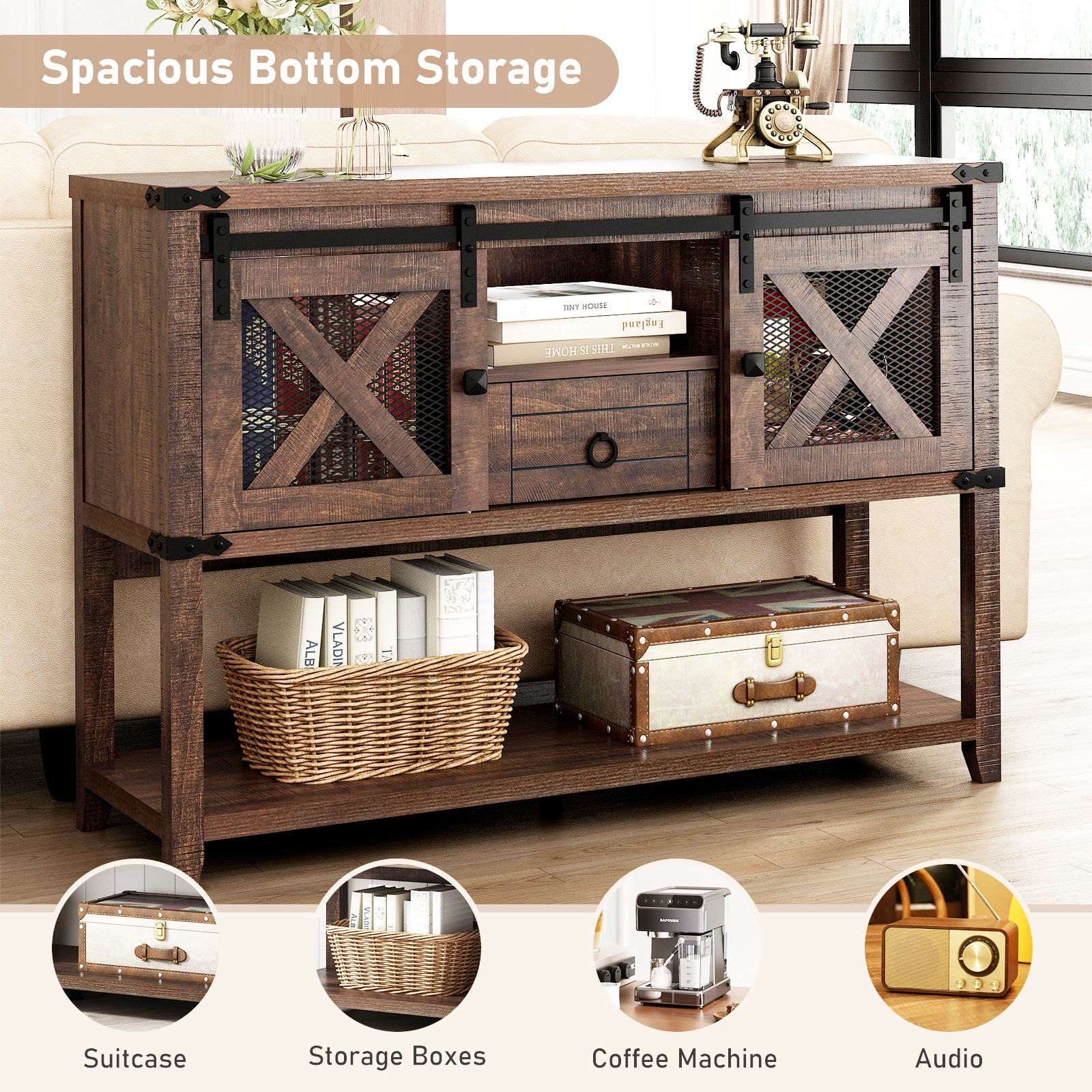 ANPOO Rustic Sofa Table, Large Console Table Entryway Table with 2 Barn Door Cabinets & 1 Drawer for Living Room