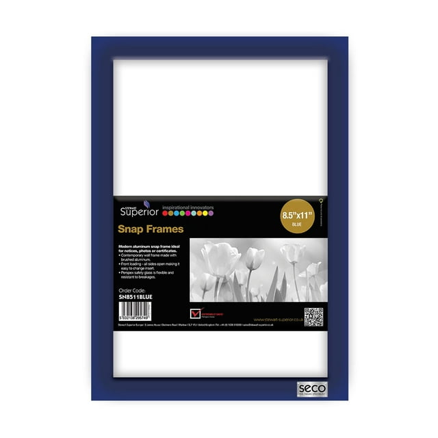 Blue aluminum snap poster frame case for 8.5 x 11 inch documents featuring a black product label with white tulip image, specifications, and SECO branding.