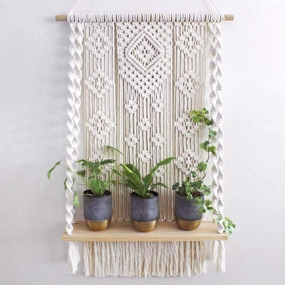 Zhuge Macrame Wall Hanging Shelf - Handmade Boho Rope Plant Holder (White)