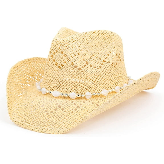 Straw Cowboy Hat for Women with Beaded Trim and Shapeable Brim, BEIGE