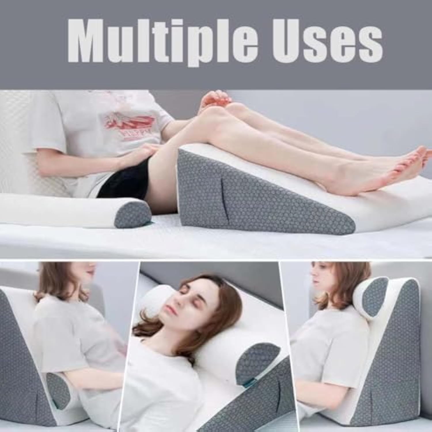 Hiquo Orthopedic Wedge Pillow Set - Max Comfort 30 Degree Memory Foam for Back, Neck Pain Relief, Better Sleep, Acid Reflux & Snoring Solution (Light Gray)