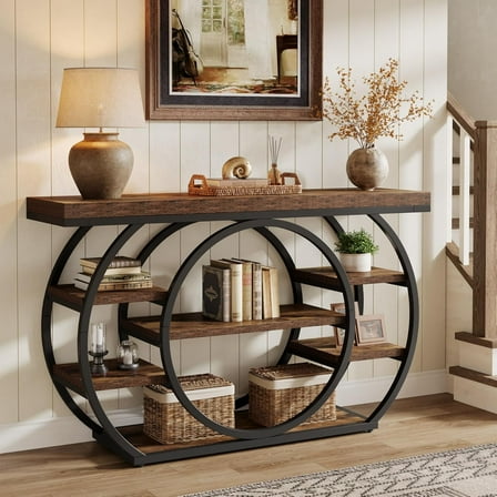 5-Tier Entryway Table, 47" Industrial Console Table with Metal Frame