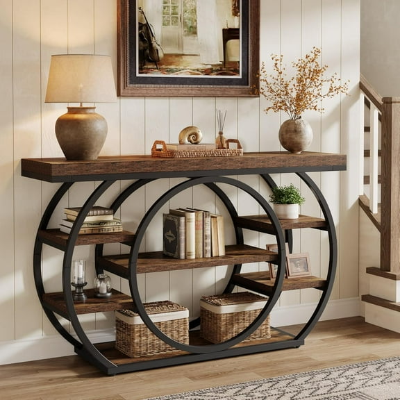 5-Tier Entryway Table, 47" Industrial Console Table with Metal Frame