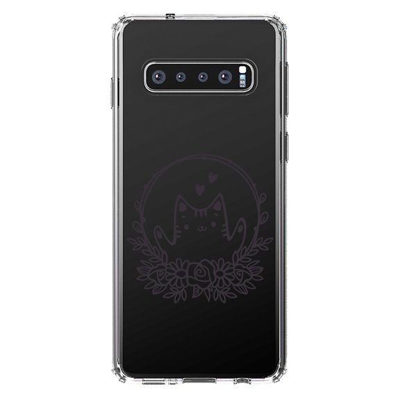DistinctInk Clear Shockproof Hybrid Case for Samsung Galaxy S10  PLUS (6.4" Screen) - TPU Bumper Acrylic Back Tempered Glass Screen Protector - Valentine Cat - Wreath Hearts